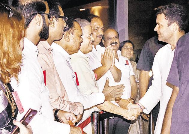 Congress president Rahul Gandhi reached Pune late on Thursday night and was welcomed by Congress workers at Westin hotel. Former chief minister Prithviraj Chavan, Anant Gadgil, Pravin Gaikwad, Dipti Chaudhari and Ramesh Iyer were present. Gandhi will meet Congress corporators and block presidents in the morning before leaving for an interaction with students today. (HT PHOTO) Congress president Rahul Gandhi reached Pune late on Thursday night and was welcomed by Congress workers at Westin hotel. Former chief minister Prithviraj Chavan, Anant Gadgil, Pravin Gaikwad, Dipti Chaudhari and Ramesh Iyer were present. Gandhi will meet Congress corporators and block presidents in the morning before leaving for an interaction with students today. (HT PHOTO)