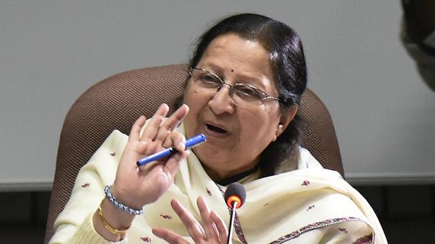 Outgoing Lok Sabha speaker Sumitra Mahajan, 76, an eight time Member of Parliament, said on Friday that she would not contest the upcoming national polls.(Vipin Kumar/HT PHOTO)