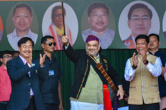 BJP president Amit Shah at an election rally in Changlang district of Arunachal Pradesh on Friday. (PTI Photo) BJP president Amit Shah at an election rally in Changlang district of Arunachal Pradesh on Friday. (PTI Photo)