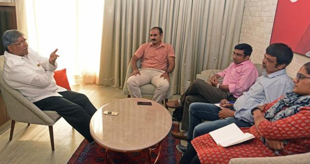 (Left) Chandrakant Patil, cabinet minister of Maharashtra, interacts with HT staff in Pune on Thursday. (Pratham Gokhale/HT Photo) (Left) Chandrakant Patil, cabinet minister of Maharashtra, interacts with HT staff in Pune on Thursday. (Pratham Gokhale/HT Photo)