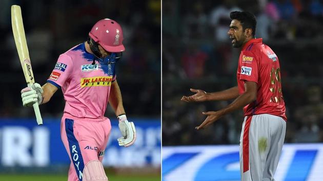 (COMBO) This combination of file pictures created on March 26, 2019 shows (L) Rajasthan Royals' Jos Buttler walking back to the pavilion after he was dismissed by Kings XI Punjab's Ravichandran Ashwin during the 2019 Indian Premier League(AFP)