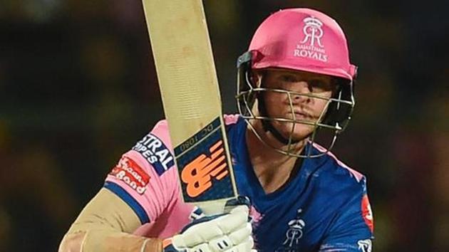 Rajasthan Royals' Steve Smith looks on after playing a shot during the 2019 Indian Premier League (IPL) Twenty20 cricket match between Rajasthan Royals and Kings XI Punjab at the Sawai Mansingh stadium in Jaipur on March 25, 2019.(AFP)