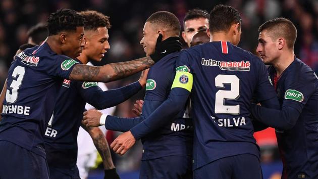 Paris Saint-Germain's French forward Kylian Mbappe (C) celebrates a goal with teammates on a penalty kick during the French Cup semi-final football match between Paris Saint-Germain and FC Nantes at the Parc des Princes stadium in Paris on April 3, 2019.(AFP) Paris Saint-Germain's French forward Kylian Mbappe (C) celebrates a goal with teammates on a penalty kick during the French Cup semi-final football match between Paris Saint-Germain and FC Nantes at the Parc des Princes stadium in Paris on April 3, 2019.(AFP)