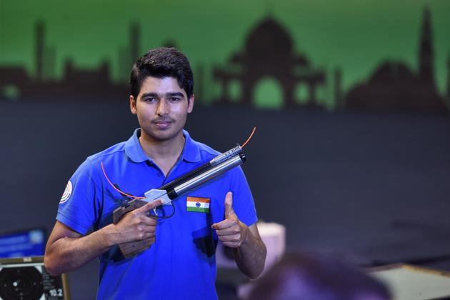 Indian shooter Saurabh Chaudhary won the gold in the final 10 meter Air Pistol, during ISSF World Cup, at Karni Singh Shooting Ranges, in New Delhi, India, on Sunday, February 24, 2019.(Burhaan Kinu/HT PHOTO)