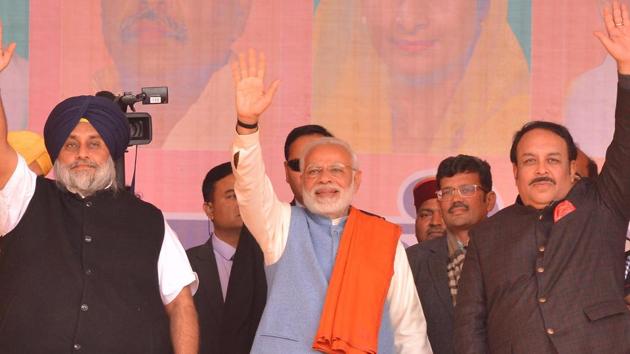 File photo of Prime Minister Narendra Modi, SAD president Sukhbir Singh Badal and others in Gurdaspur, Punjab. (Sameer Sehgal / HT Photo) File photo of Prime Minister Narendra Modi, SAD president Sukhbir Singh Badal and others in Gurdaspur, Punjab. (Sameer Sehgal / HT Photo)