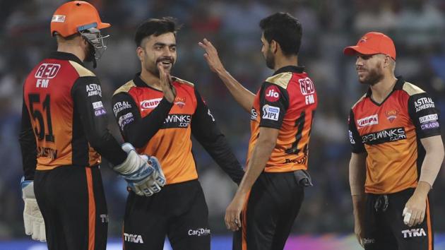 Sunrisers Hyderabad players celebrate the dismissal of Delhi Capitals captain Shreyas Iyer. (AP)