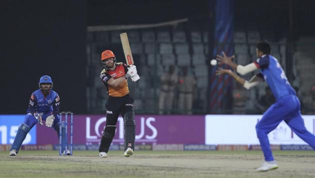 Sunrisers Hyderabad batsman Jonny Bairstow watches as Delhi Capitals bowler Axar Patel unsuccessfully attempts to catch. (AP)