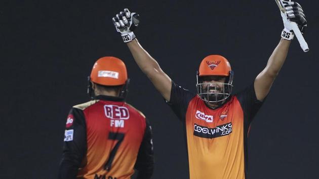 Sunrisers Hyderabad batsmen Yusuf Pathan, right, and Mohammad Nabi, celebrate. (AP)