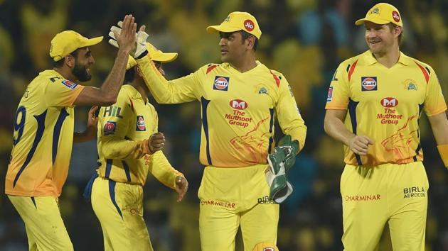 Chennai: CSK skipper MS Dhoni celebrates his team's victory with teammates in the Indian Premier League 2019 (IPL T20) cricket match between Chennai Super Kings (CSK) and Rajasthan Royals (RR) at MAC Stadium in Chennai, Monday, April 1, 2019. (PTI Photo/R Senthil Kumar) (PTI4_1_2019_000010A)(PTI)