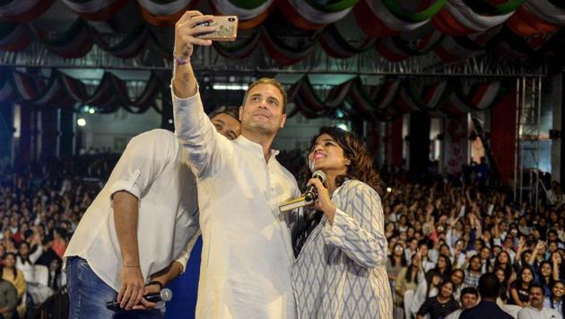 Rahul Gandhi, president, Indian National Congress pose for a selfie during an interactive session with students in Pune on Friday. Congress chief, during his interaction with students talked about his growth as a political leader and said “my courage comes from experience”. He also spoke to the students on various issues including demonetisation and job loss. With elections just a week away, he said in an assuring tone: “I don’t make empty promises.” (PRESS TRUST OF INDIA) Rahul Gandhi, president, Indian National Congress pose for a selfie during an interactive session with students in Pune on Friday. Congress chief, during his interaction with students talked about his growth as a political leader and said “my courage comes from experience”. He also spoke to the students on various issues including demonetisation and job loss. With elections just a week away, he said in an assuring tone: “I don’t make empty promises.” (PRESS TRUST OF INDIA)