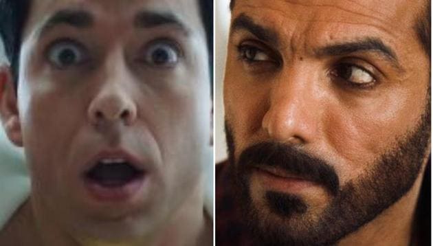 Zachary Levi as Shazam! and John Abraham in a still from Romeo Akbar Walter.