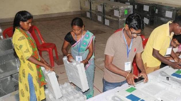 Ranchi, India - April 1, 2019: Electronic voting machine(EVM) and VV- PAT units being arranged for the Lok Sabha election at strong rooms situated inside the Birsa Munda football stadium premises in Ranchi, India, on Monday, April 1, 2019. (Photo by Diwakar Prasad/ Hindustan Times )(Diwakar Prasad/ Hindustan Times)