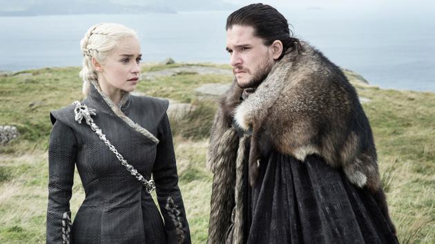 Emilia Clarke and Kit Harington play Daenerys Targaryen and Jon Snow, voted most likely to win the game of thrones, but not if you believe the myriad conspiracy theories.(Image courtesy HBO)