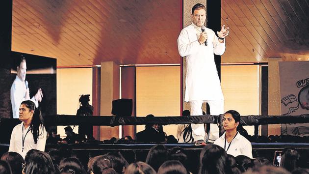 Rahul Gandhi interacts with students at Mahalaxmi lawns, Magarpatta in Pune on Friday.(Rahul Raut/HT PHOTO) Rahul Gandhi interacts with students at Mahalaxmi lawns, Magarpatta in Pune on Friday.(Rahul Raut/HT PHOTO)