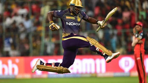 Kolkata Knight Riders (KKR) batsman Andre Russell leaps in the air after beating Royal Challengers Bangalore (RCB) on Friday. (PTI)