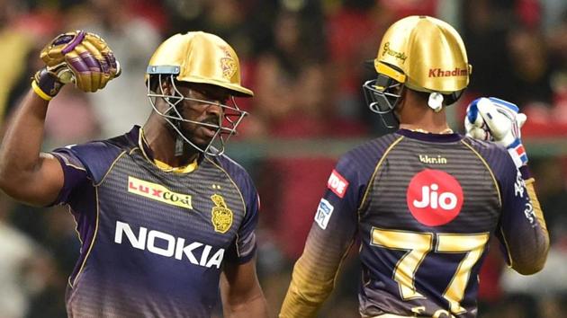 Kolkata Knight Riders (KKR) batsman Andre Russell celebrates with team mate Shubman Gill after hitting a six. (PTI) Kolkata Knight Riders (KKR) batsman Andre Russell celebrates with team mate Shubman Gill after hitting a six. (PTI)