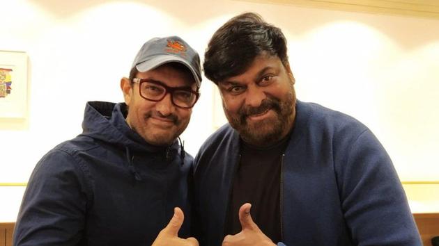 Aamir Khan meets Chiranjeevi at Kyoto airport in Japan.