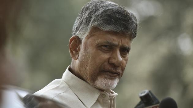 Andhra Pradesh Chief Minister N Chandrababu Naidu talks to media during a protest march demanding special status for his state from Andhra Pradesh Bhavan to Jantar Mantar in New Delhi, India, on Tuesday, February 12, 2019.(Raj K Raj/HT FILE PHOTO)