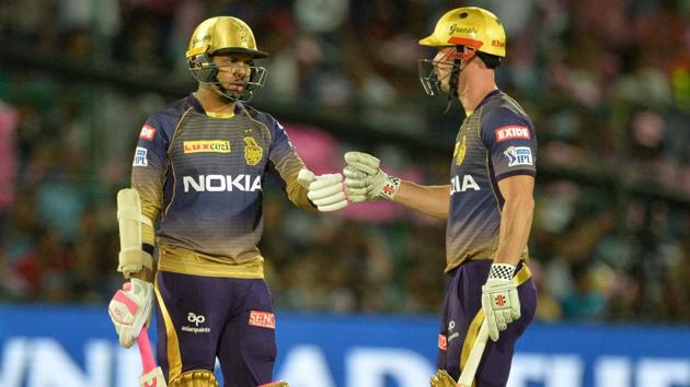 Kolkata Knight Riders cricketer Chris Lynn (R) and Sunil Narine gestures. (AFP)