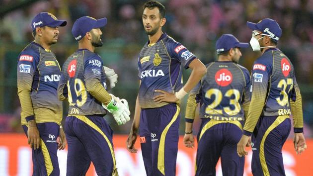 Kolkata Knight Riders bowler Prasidh Krishna (C) celebrates with his teammates. (AFP) Kolkata Knight Riders bowler Prasidh Krishna (C) celebrates with his teammates. (AFP)