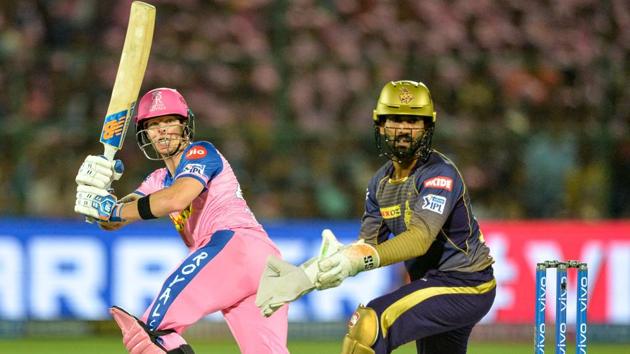 Rajasthan Royals cricketer Steve Smith (L) plays a shot. (AFP) Rajasthan Royals cricketer Steve Smith (L) plays a shot. (AFP)