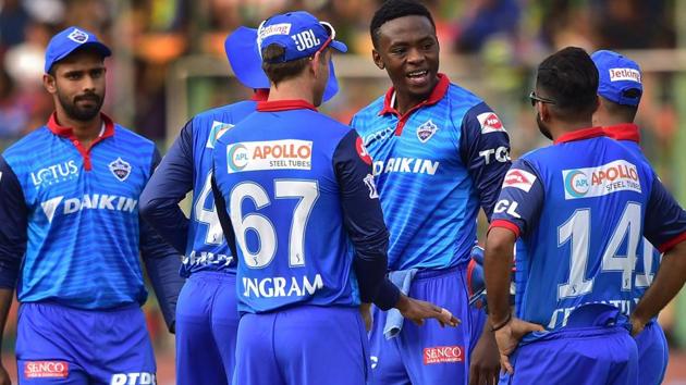 Delhi Capitals (DC) bowler Kagiso Rabada celebrates after claiming the wicket of Royal Challengers Bangalore (RCB) player Pawan Negi. (PTI)