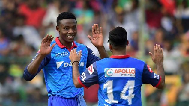 Bengaluru: Delhi Capitals (DC) bowler Kagiso Rabada celebrates after claiming the wicket of Royal Challengers Bangalore (RCB) player Pawan Negi during the Indian Premier League 2019 (IPL T20) cricket match, at Chinnaswamy Stadium in Bengaluru, Sunday, April 7, 2019.(PTI)