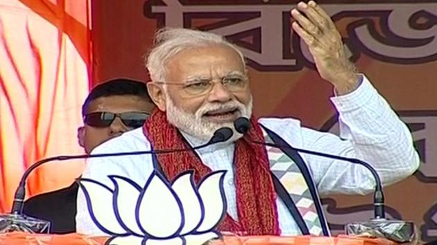 Prime minister Narendra Modi addresses a public rally in Cooch Behar on Sunday.(ANI photo)