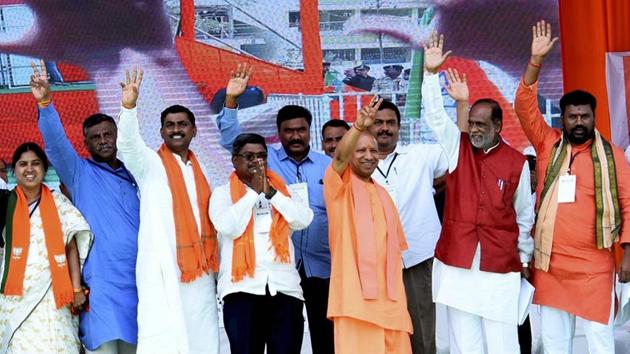 Uttar Pradesh Chief Minister Yogi Adityanath along with Telangana BJP leaders during a public meeting, ahead of the Lok Sabha polls, at Peddapalli on Sunday, (PTI) Uttar Pradesh Chief Minister Yogi Adityanath along with Telangana BJP leaders during a public meeting, ahead of the Lok Sabha polls, at Peddapalli on Sunday, (PTI)