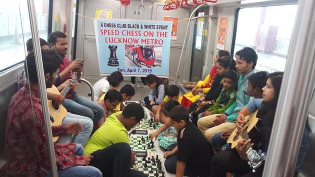 Children taking part in the chess tournament organised on board the Lucknow Metro train on Sunday, April 7, 2019.(HT Photo)