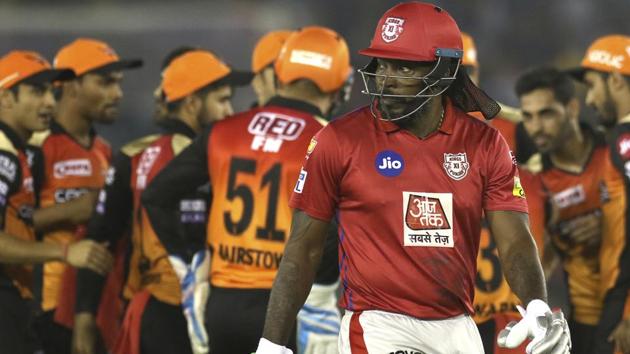 Chris Gayle of Kings XI Punjab walks to pavilion after his dismissal. (AP) Chris Gayle of Kings XI Punjab walks to pavilion after his dismissal. (AP)