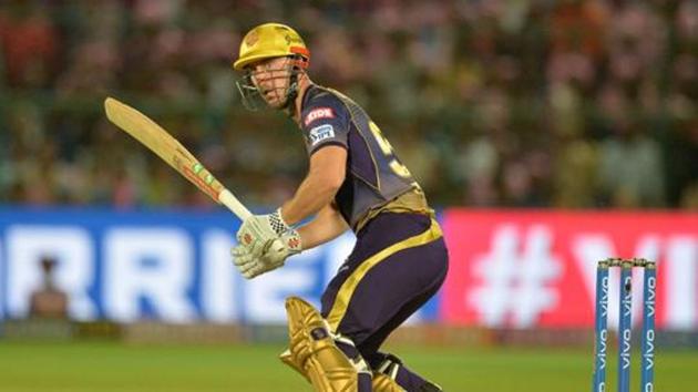 Kolkata Knight Riders cricketer Chris Lynn plays a shot during the 2019 Indian Premier League (IPL) Twenty20 cricket match between Rajasthan Royals and Kolkata Knight Riders at the Sawai Mansingh Stadium in Jaipur on April 7, 2019.(AFP)