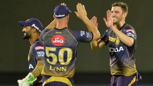 Kolkata Knight Riders bowler Harry Gurney (C) celebrates with his teammates. (AFP) Kolkata Knight Riders bowler Harry Gurney (C) celebrates with his teammates. (AFP)