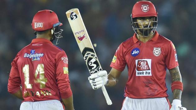 Kings XI Punjab (KXIP) batsman KL Rahul celebrates scoring a half century. (PTI)