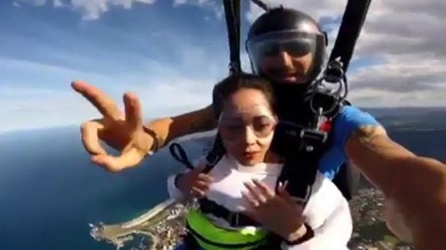 Nushrat Bharucha and her sky-diving instructor in Australia.