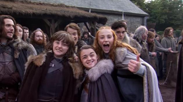 Isaac Hampstead-Wright, Maisie Williams, Sansa Stark and Alfie Allen during season one of Game of Thrones.
