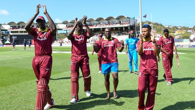 Jason Holder (L), Carlos Brathwaite (2L), Ashley Nurse (3L), Chris Gayle (3R), Shai Hope (2R) and Oshane Thomas (R) of West Indies wave to supporters at the end of the 5th and final ODI between West Indies and England at Darren Sammy Cricket Ground (AFP) Jason Holder (L), Carlos Brathwaite (2L), Ashley Nurse (3L), Chris Gayle (3R), Shai Hope (2R) and Oshane Thomas (R) of West Indies wave to supporters at the end of the 5th and final ODI between West Indies and England at Darren Sammy Cricket Ground (AFP)