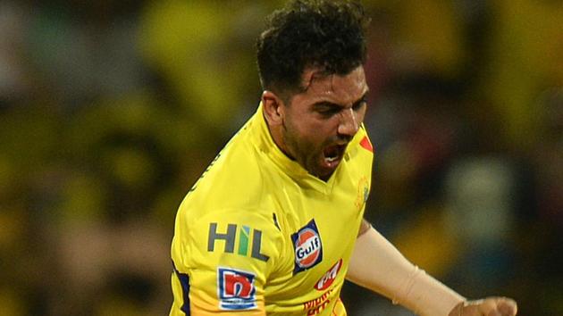 Chennai Super Kings cricketer Deepak Chahar celebrates after picking a wicket against Kolkata Knight Riders.(AFP) Chennai Super Kings cricketer Deepak Chahar celebrates after picking a wicket against Kolkata Knight Riders.(AFP)