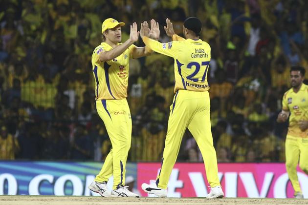 Harbhajan Singh and Shane Watson of Chennai Super Kings celebrate after taking the wicket of Sunil Narine. (AP) Harbhajan Singh and Shane Watson of Chennai Super Kings celebrate after taking the wicket of Sunil Narine. (AP)