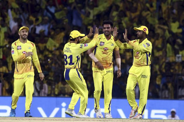 Deepak Chahar, center, Kedar Jadhav and Amabati Rayadu of Chennai Super Kings celebrate after taking the wicket of Nitish Rana. (AP) Deepak Chahar, center, Kedar Jadhav and Amabati Rayadu of Chennai Super Kings celebrate after taking the wicket of Nitish Rana. (AP)