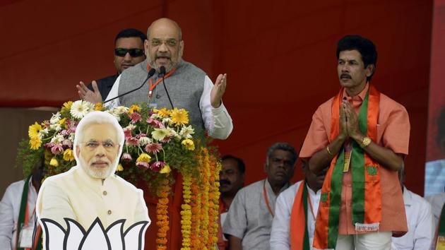 BJP president Amit Shah addresses a rally in Hyderabad. on Tuesday ahead of the national elections on April 11. (AFP) BJP president Amit Shah addresses a rally in Hyderabad. on Tuesday ahead of the national elections on April 11. (AFP)