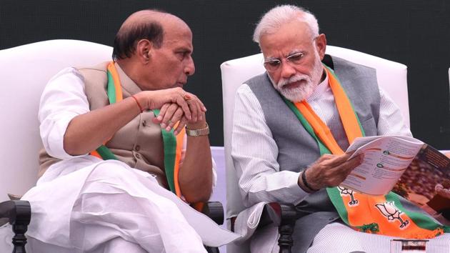 Prime minister Narendra Modi with home minister Rajnath Singh. (Arvind Yadav/HT PHOTO) Prime minister Narendra Modi with home minister Rajnath Singh. (Arvind Yadav/HT PHOTO)