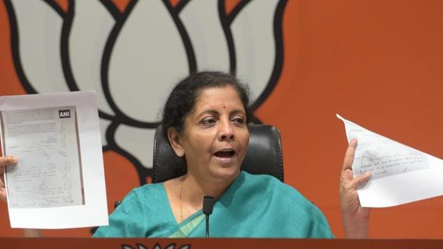 Mocking the Congress chief, Sitharaman, at a press conference, said the Congress party wants to “perpetrate their own lies”. She further added that Gandhi’s comments are not based on the facts. (HT Photo by Mohd Zakir)