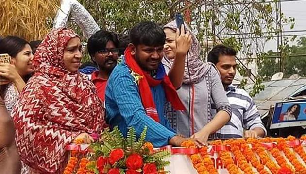 Former JNUSU leader and CPI candidate Kanhaiya Kumar during a road show after filling his nomination papers for the Lok Sabha elections, in Begusarai, Bihar India on Tuesday (Santosh Kumar/ HT) Former JNUSU leader and CPI candidate Kanhaiya Kumar during a road show after filling his nomination papers for the Lok Sabha elections, in Begusarai, Bihar India on Tuesday (Santosh Kumar/ HT)