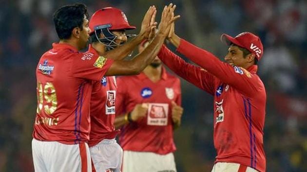 Kings XI Punjab captain Ravichandran Ashwin (L) celebrates with his teammates after dismissing Sunrisers Hyderabad batsman Mohammad Nabi during the 2019 Indian Premier League (IPL) Twenty20 cricket match between Kings XI Punjab and Sunrisers Hyderabad at the Punjab Cricket Association Stadium in Mohali on April 8, 2019.(AFP) Kings XI Punjab captain Ravichandran Ashwin (L) celebrates with his teammates after dismissing Sunrisers Hyderabad batsman Mohammad Nabi during the 2019 Indian Premier League (IPL) Twenty20 cricket match between Kings XI Punjab and Sunrisers Hyderabad at the Punjab Cricket Association Stadium in Mohali on April 8, 2019.(AFP)