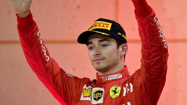 Ferrari driver Charles Leclerc celebrates on the podium after placing third at the Formula One Bahrain Grand Prix. (AFP) Ferrari driver Charles Leclerc celebrates on the podium after placing third at the Formula One Bahrain Grand Prix. (AFP)