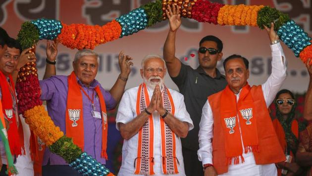 Prime Minister Narendra Modi invoked Gujarati pride at an election rally in Junagarh to target the Congress saying that the party has always harboured “hatred towards Gujarat”. Modi said the “Nehru-Gandhi family of the Congress” first targeted Sardar Patel and Morarji Desai “using all kinds of abuses”. He also said that the Congress is unnerved at the success of the Modi government. (PTI) Prime Minister Narendra Modi invoked Gujarati pride at an election rally in Junagarh to target the Congress saying that the party has always harboured “hatred towards Gujarat”. Modi said the “Nehru-Gandhi family of the Congress” first targeted Sardar Patel and Morarji Desai “using all kinds of abuses”. He also said that the Congress is unnerved at the success of the Modi government. (PTI)