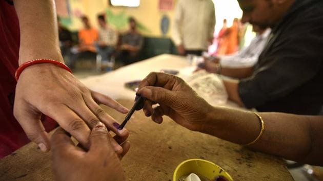 New Delhi, India - April 23, 2017: A view of pooling station Burari, casting vote for Delhi MCD elections in North Delhi on Sunday, April 23, 2017. (Photo by Arun Sharma/ Hindustan Times)(Arun Sharma/HT PHOTO)