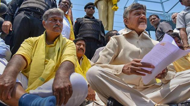 Before sitting on a dharna along with other TDP leaders, Naidu dashed off a nine-page letter to Chief Election Commissioner Sunil Arora and submitted a copy of it to AP chief electoral officer Gopalakrishna Dwivedi.(PTI PHOTO)