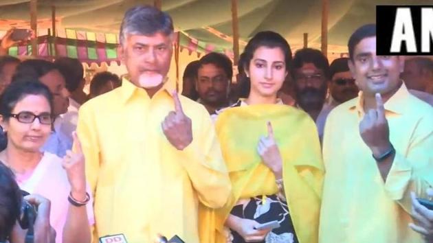Andhra Pradesh Chief Minister N Chandrababu Naidu after casting vote along with his family in Amravati on Thursday.(ANI)